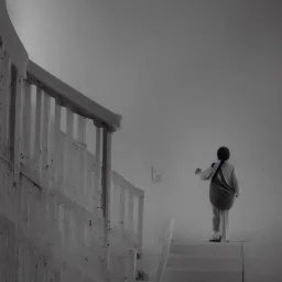 old woman walking to heaven on a staircas with dramatic lighting