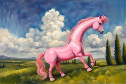 Big pink plastic toy horse.19th painting