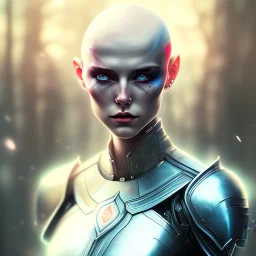 fantasy setting, woman with the right side of the head shaved and long hair on the left