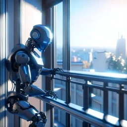 ninja robot cleaning windows on balcony, 8k, down-light, soft light, depth of field, photo realism, trending on art station, high detail