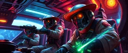 cowboy astronauts in a spaceship cyberpunk warhammer madness, space alien Abjurer Wizard
