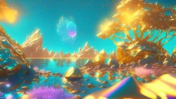 gold crystal cosmic and galactic ambiance hill sky sea ocean space galaxy rocks sunny trees pools surreal, full of details, smooth, bright sunshine，soft light atmosphere, light effect，vaporwave colorful, concept art, smooth, extremely sharp detail, finely tuned detail, ultra high definition, 8 k, unreal engine 5, ultra sharp focus