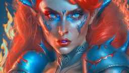 {devil elf} with {red} hair and with cute face, {fire}, blue eyes, skimpy leather clothes, stiletto heels, perfect composition, hyperrealistic, super detailed, 8k, high quality, trending art, trending on artstation, sharp focus, studio photo, intricate details, highly detailed, wide borders