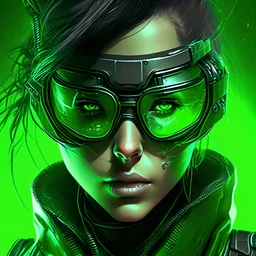portrait of a woman cyberpunk green helmet glasses