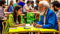 A 30-year-old teacher in the university cafeteria looks at an old man, 60 years old, sitting at another table next to hers, Egyptian complexion.