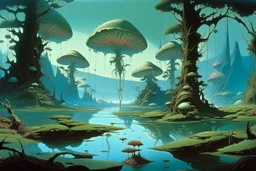 looking out over a lake, in an alien forest, flying mushrooms with jellyfish tenacles formed into gnarled trunks, Roger Dean