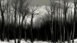 A digital painting of a row of bare trees in winter, set against a dark, overcast sky. The trees are slender with intricate branch patterns, their trunks a light gray that contrasts with the deep gray of the sky. Below the trees, there's a dense thicket of bushes and shrubs, their branches also bare, creating a textured, tangled foreground. The color palette is predominantly muted, with shades of gray, brown, and hints of green, giving the scene a somber, almost monochromatic feel. The compositi