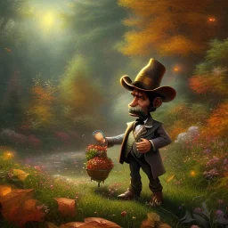 pixar style, volumetric autumn garden environment and background, realistic painting of a cute midget abraham lincoln with stovepipe hat, looking excited, volumetric lighting, dramatic lighting, detailed digital painting, anime, ornate, colour-washed colors, elegant, small minutiae, tiny features, particulars, centered, smooth, sharp focus, renderman gofur render, 8k, uhd, detailed eyes