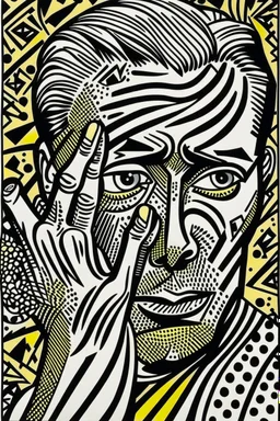 tribal man in grief with hands on face pencil draw style of roy lichtenstein