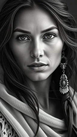 A stunningly lifelike portrait captures the essence of an elegant American Indian woman, her features delicate and captivating. ,the image is a highly detailed, monochromatic masterpiece. Every strand of her flowing hair, each contour of her face, is depicted with breathtaking precision. The contrast of light and shadow, the intricate textures of fabric and skin, all combine to create a portrait so realistic, it almost appears to breathe. This work