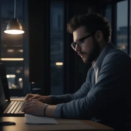 Developer working, photo, dramatic cool modern office 4k. closeup. crowded.