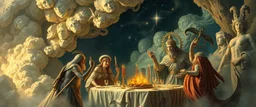 a myrriad and a star golem feast with greek gods, swirling illusion clouds, walls caving in
