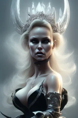 Pamela Anderson as evil queen in black leather, leather, busty, cleavage, angry, stern look. character design by cory loftis, fenghua zhong, ryohei hase, ismail inceoglu and ruan jia. unreal engine 5, artistic lighting, highly detailed, photorealistic, fantasy