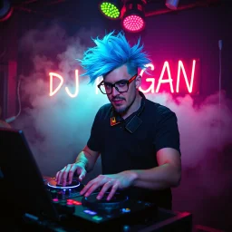 A DJ performing at dance club, his name DJ DRAGAN and looks crazy, crazy blue hair with glasses. Neon lights and smog, DJ DRAGAN SIGN ON WALL