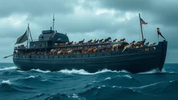 enormous Noah's ark, massive and impressive as in the Biblical story. Many animals on board. Stormy sea. Award-winning colour photograph, beautiful composition, exquisite detail, Nikon 85mm