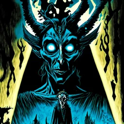 Eerie horror dark, less than zero, seance visitor Pazuzu, by Aaron Campbell and Matt Hollingsworth, acid wash mind-bending illustration; asymmetric, dark shines war, sinister