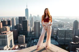 a beautiful lady with full makeup in top and lace loose pants,high heels ,long hair, standing on roof of a skyscapper in modern city