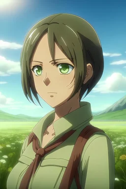 Attack on Titan screencap of a female with short, wayve and dark brown hair and big greenish dark brown eyes. Beautiful background scenery of a flower field behind her. With studio art screencap.