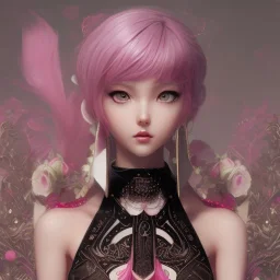 Detailed cute anime rabbit girl, pink hair buns, pink bangs, black latex bodysuit, intricate details, full body portrait, keep head in frame, slight smile, black Japanese motif, concept art, highly detailed, digital painting, concept art, sharp focus, illustration, art by Yoji Shinkawa, WLOP and greg rutkowski and alphonse mucha and artgerm and yanjun Chen and Junji ito and Makoto Shinkai, HDR, octane render