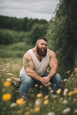 full figure photography, shy muscular big fat chubby, 35mm lens, burly italian man short hair, 27 years old sitting in the meadow with a flower in a hand, near a big farm , red short beard, , hairy armpits, manly armpits, ugly, manly chest, hairy chest, big shoulders, , big belly, manly chest, shirtless, with boxer, emotive eyes, photorealistic , dim side light, ambient occlusion, side view, poetic composition, golden ratio