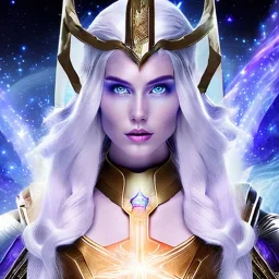 cosmic mage, elf, female, battle mage, epic, cosmic magic, long ears, white hair, face details, pale skin, jewellery, broad shoulders, sharp ears, cosmic clothes, cosmic eyes, ears shown, light out of eyes, the cosmos in eyes, stars in eyes, shining eyes, non human face, thin face, animation, detailed ears, magical eyes, non realistic, closed mouth