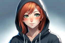 An anime young adult female with medium length bright red hair, she has brown eyes, wearing a black hoodie, realistic, slight smile