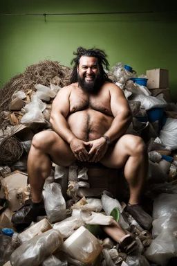 full figure shot photography of an angry dirty wet sweat strong hairy big short chubby burly ,39 years old ugly smiling marocan , big nose, bull neck, short beard, dreadlocks, shirtless, manly chest, big belly, bulging shorts, emotive eyes , sitted on a chair relaxed ,belly up ,open legs, on a pile of garbage, angry eyes, big shoulders, side light, top view, aerial view