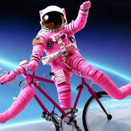 astronaut in pink suit flying through space on a bicycle