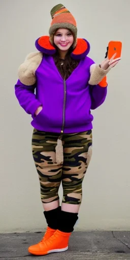 Brunette taking selfie.thick thighs,thick calves,flat belly,curvy fell. big head. Mantle is sewed of upcycled Denim and sewed together of camouflage pieces. Pieces' color are orange, cream and purple. It is with big bright purple felt tippet and birght-colored-hood is merged with colorful beanie. Big colored headphones (gold rings!) is merged with small felt cap with small visor. Style: Haute Couture in 1950's Africa, N.Y.C fashion in 2023