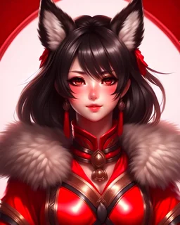 Kitsune, girl, dark hair and fox ears, fluffy ears, highly detailed, samurai armor, RWBY animation style. red matte background,ultra detailed,high details, clean nose