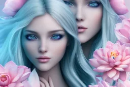 femme long cheveux blond blancs yeux bleus , 8k resolution, flower magnolia lotus rose, beautiful portrait, 8k resolution, flower head and body, beautiful star