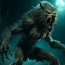 bloodthirsty angry savage werewolf howling at the moon, full muscular body with shreaded cloths, large claws, sharp teeth, detailed shiney fur, glowing angry yellow eyes raged with fury, night forest with gloomy dark teal and green colors, fire sparkle particles, dark tone, sharp focus, high contrast, 8k resolution, shallow depth of field, dramatic lighting, intricate details, clean environment