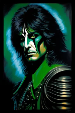 Head and shoulders image - oil painting by Scott Kendall - pitch Black solo record album with florescent emerald back lighting - 30-year-old Peter Criss (Drummer) with shoulder length, wavy, straight black and gray hair, with his face made up to look like a cat's face - in the art style of Boris Vallejo, Frank Frazetta, Julie bell, Caravaggio, Rembrandt, Michelangelo, Picasso, Gilbert Stuart, Gerald Brom, Thomas Kinkade, Neal Adams, Jim Lee, Sanjulian, Thomas Kinkade, Jim Lee, Alex Ross,