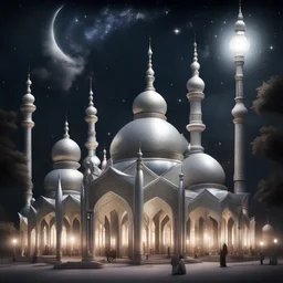 Hyper Realistic Silver Mosque with beautifully-crafted-domes-&-minarets & light-lamp-stand at beautiful dark night with stars on sky & few men worshiping