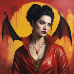 a beautiful black-haired female vampire Queen, wearing a red leather a red sling suit with a gold/yellow bat emblem, dark, multicolored watercolor stained wall in the background, oil painting in the art style of Gilbert Stuart, 32k UHD, Hyper realistic, photorealistic, realistic, sharp, highly detailed, professional quality, beautiful, awesome, majestic, superb, trending on artstation