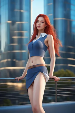 Create an ultra-realistic 8K photo in full body digital photo mode, beautiful Aerogirl character, perfect, well-endowed figure, long Red hair, deep blue eyes shining like the sky, wearing a blouse and miniskirt in original colors, standing in front of two utopian modern buildings, shiny and glowing skin, majestic and powerful expression, full body, dynamic pose with beams of light radiating, life-size, perfect anatomy, detailed skin texture, full HD, 4K, HDR, perfect anatomy, depth of field."