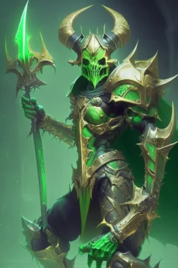Demonio futurista en armadura verde con dorado y un casco de craneo verde empuñando una lanza
