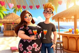 3D video game characters, a brown-haired blue-eyed plus sized woman in a black dress with white and pink flowers hugging friendly a short blonde haired thin man wearing eyeglasses, t-shirts and jeans at the beach in sunshine, tiki bar, cocktails, hearts, waterfall, happiness