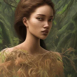 Painting .the face of A young black woman. A wood nymph emerging from the forest. Her hair looks like leaves. Her skin looks like tree bark. Her clothing is made of vines, grass and hair