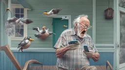 confused older man using cellphone on his porch shooing off the many ducks