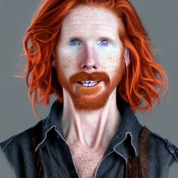 Portrait of Courtney Gains as a ruggedly handsome, joyful, roguish pirate, charismatic, attractive male, masculine, perfect, precisely detailed clear eyes, softly freckled face, unblemished, flawless skin; meticulously detailed multi-hued ginger carrot colored cherry fire red hair; fantasy, intricate, elegant, highly detailed, digital painting, concept art, matte, sharp focus, illustration, art by artgerm and greg rutkowski and alphonse mucha