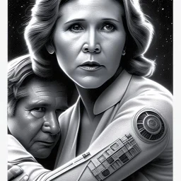 old carrie fisher embracing harrison ford in star wars, waist up portrait, photorealistic faces, intricate, oil on canvas, masterpiece, expert, insanely detailed, 4k resolution, cinematic smooth, intricate detail , soft smooth lighting, soft pastel colors,