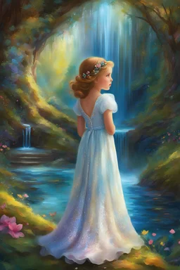 Masterpiece, best quality, digital painting style, adorable digital painting, beautiful fantasy art, colorful. In a dress spun from dreams and pure delight, A pretty little girl with hair so bright, Her big blue eyes, a window to her soul, In a fairy fountain's shimmering aureole. Beneath a big alder with colors so bold, Mosses whisper secrets, stories untold, In this magical world, vibrant and alive, She finds wonder in each vivid hue, jive.