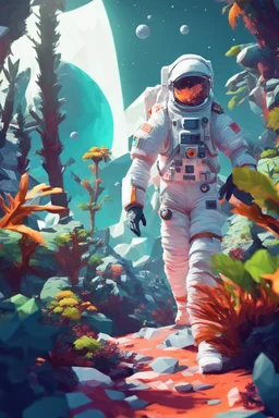 (((close midshot))), (((low poly art:2))), (astronaut), ultra detailed illustration of an environment on a dangerous:1.2 exotic planet with plants and wild (animals:1.5), (vast open world), astroneer inspired, highest quality, no lines, no outlines candid photography. by Lekrot