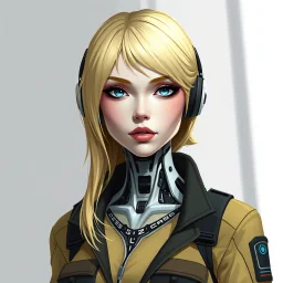 a blonde woman wearing jumpsuit, robotic neck, digital art, stylised