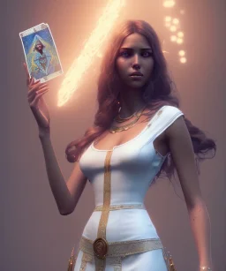 Gipsy, beautiful, curvy body, white fabric dress, beautiful long hair, bandana, head and shoulders portrait, holding tarot card, 8k resolution concept art portrait by Greg Rutkowski, Unreal Engine 5 volumetric lighting