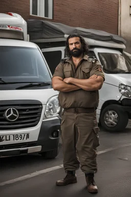 portrait photography of a 38 year old ugly beefy burly turkish plumber, wearing his work unbuttoned uniform, bulge, leaning with his back to his van, arms folded and angry look, , hairy chest, big belly, very virile, long black beard, shaved hair, sweat, , in a sunny street, photorealistic