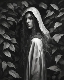 Eve in the garden of Eden, with long hair, at night ,wearing a hooded robe of leaves, Chiaroscuro, hyper realism, realistic, highly detailed, high contrast black and white, sharp, dark