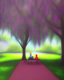 park mystical dream, park bench, man, woman, child, dog, trees, path, bird, sunshine, mystical, fantasy, romanticism, pastel colors, daylight, daytime, acrylic painting, detailed, soft focus,