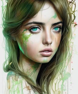 a beautiful samdoesarts face portrait of young and cute ana de armas, fine pencil and watercolors, detailed green-brown eyes, intricate, by carne griffiths and victo ngai